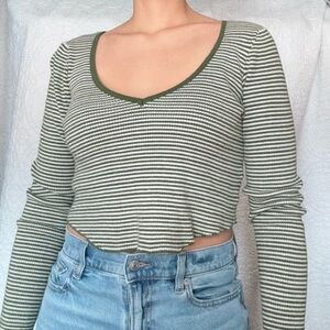 PacSun La Hearts Olive Striped V-Neck Crop Top
